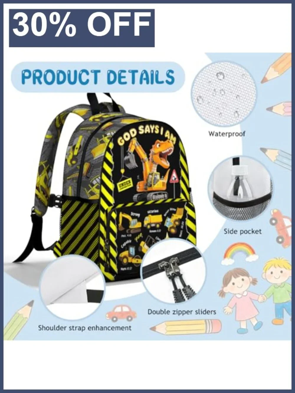 Dinosaur Kids Backpack Boys Girls Lightweight Water Resistant School Bookbag